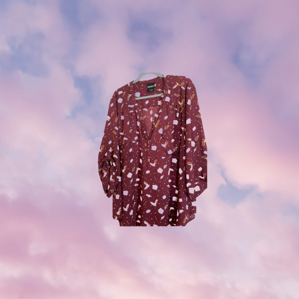 Enchanting Torrid Harry Potter Harper Georgette Blouse with 3/4 Sleeves and Wand